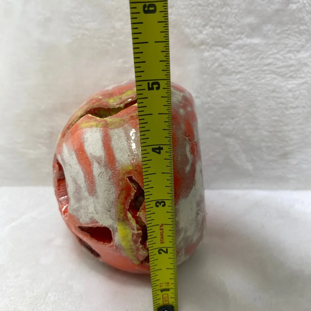 Handmade‎ Ceramic Ugly Face Jack-O-Lantern  Candle Holder Orange Glazed Folk Art